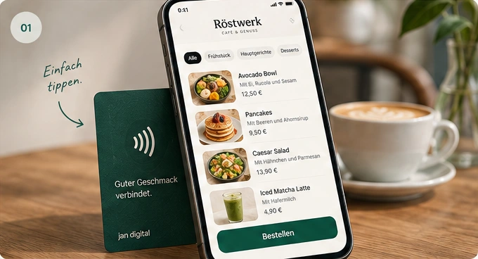 Café Röstwerk: NFC-Tischkarte neben einer mobilen Speisekarte