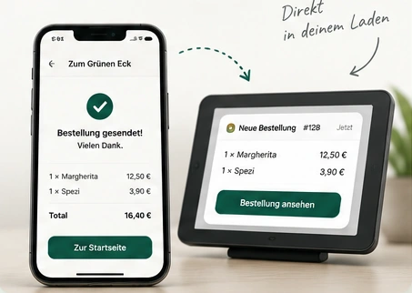 Bestellbestätigung auf dem Handy und Bestelleingang auf einem Tablet